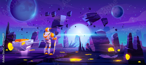 Astronaut on alien planet in far galaxy. Cosmonaut in suit and helmet holding staff and pull anti-gravity truck with glowing artefact. Spaceman stranger explore outer space cartoon vector illustration