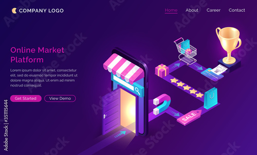 Online market platform isometric landing page, customer journey road map. Buyer shopping experience route, business marketing strategy. Stages of buying since wish to purchase. 3d vector web banner
