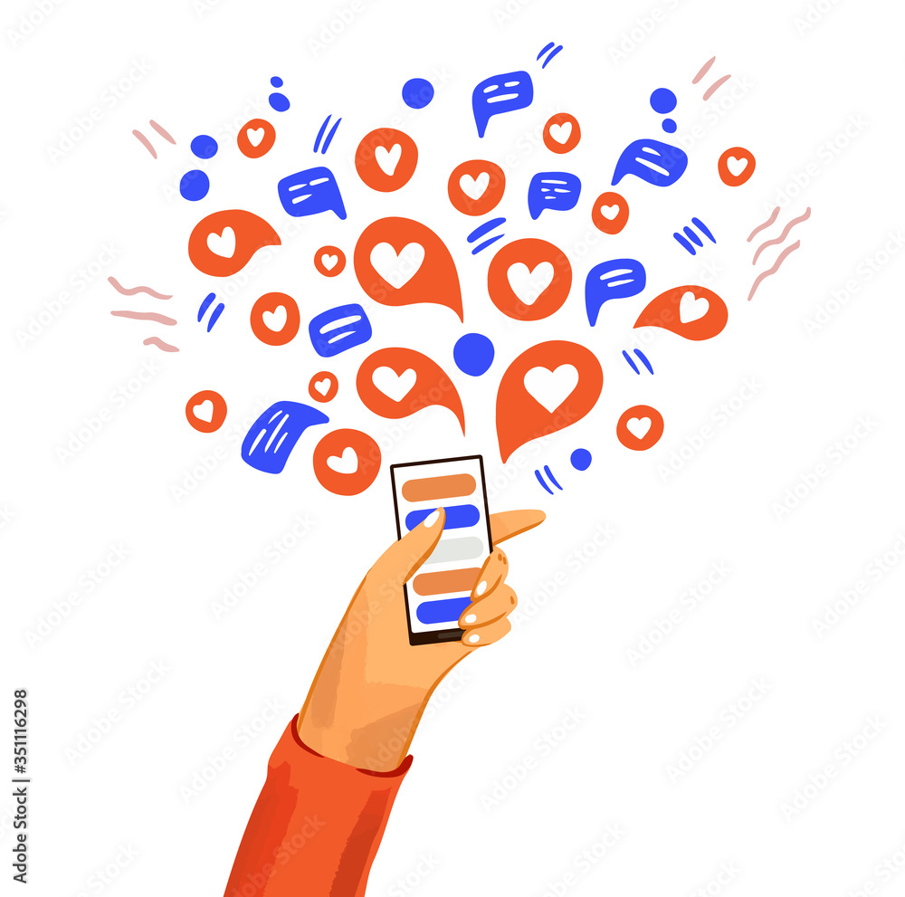 Hand with phone vector cartoon illustration. Smartphone with messenger, online chat, like, message signs, icons and social engagement. Happy friendly communication Hand with phone vector cartoon illustration. Smartphone with messenger, online chat, like, message signs, icons and social engagement. Happy friendly communication