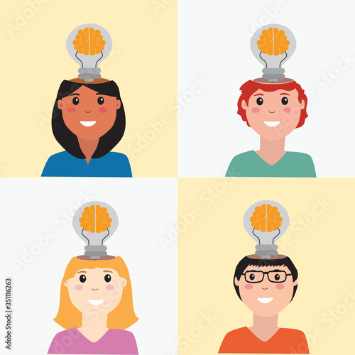 Diverse People with brain light bulbs show.Vector.Ilustration.EPS10.