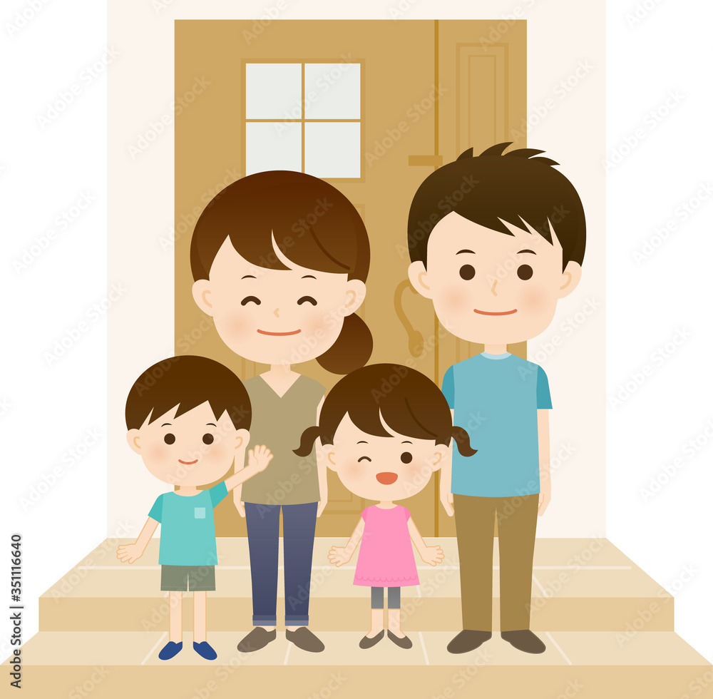 玄関前に集合する家族