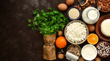 High calcium foods, banner. A variety of products rich in calcium. Top view, flat lay, place for text