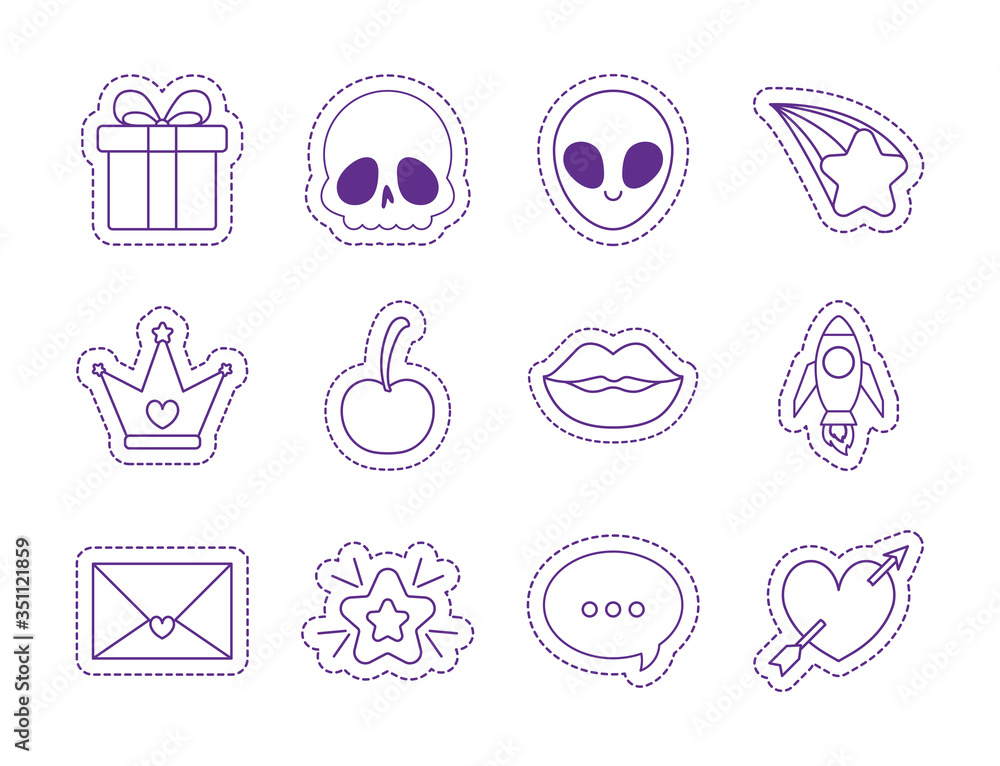 Cute patches line style icon set vector design Cute patches line style icon set vector design