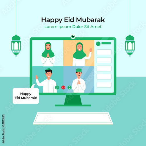 Tele conference for eid fitr mubarak celebration during physical distancing covid pandemic. Group muslim people video call vector illustration