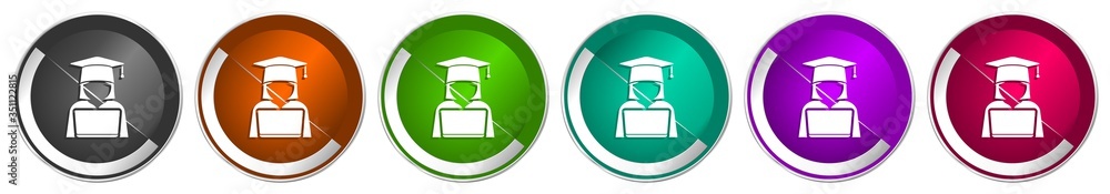 Student with laptop icon set, computer, education silver metallic chrome border vector web buttons in 6 colors options for webdesign Student with laptop icon set, computer, education silver metallic chrome border vector web buttons in 6 colors options for webdesign