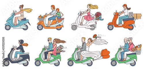 People on scooter bikes - modern transport collection with cartoon couples