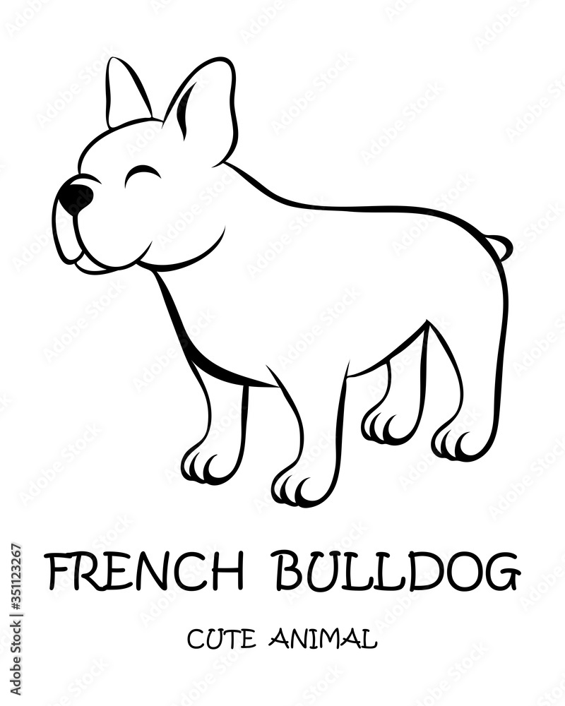 Fototapeta premium Black line vector illustration cartoon on a white background of a cute French Bulldog. 