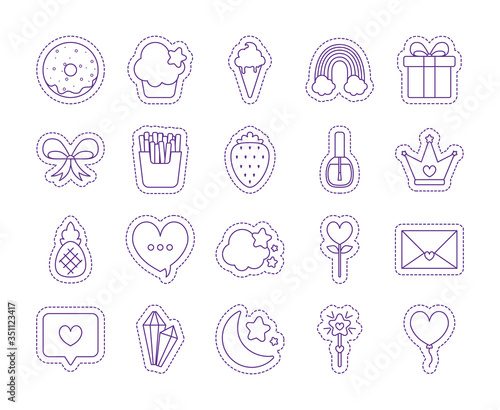 Cute patches line style icon set vector design