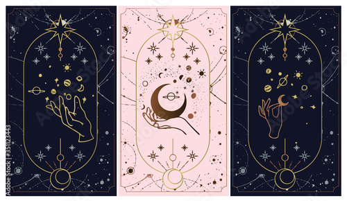 cosmos stars created by the hands of God, Golden Tarot card golden and pink with black. Magical occult tarot card set. Engraving vector illustration. Cards isolated on white background for poster, sti