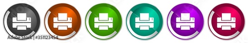 Printer icon set, print silver metallic chrome border vector web buttons in 6 colors options for webdesign
