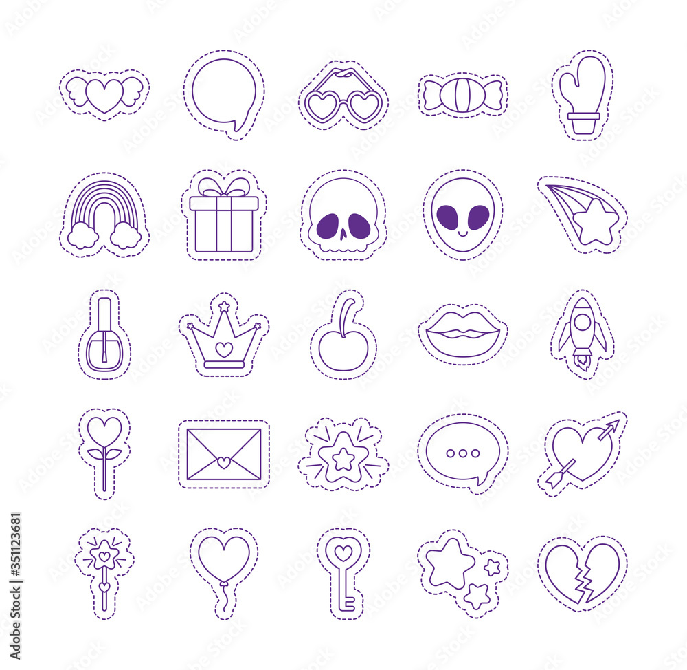Cute patches line style icon set vector design Cute patches line style icon set vector design