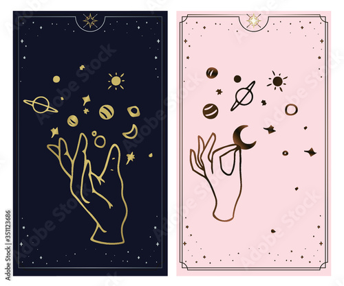 Cosmos tarot cards are created by the hands of God. Hands are set in a simple flat esoteric Boho style. esoteric collection of logos with various symbols such as a planetary cosmic star, gold and pink