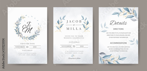 Blue wreath leave watercolor wedding invitation template with gold leave.
