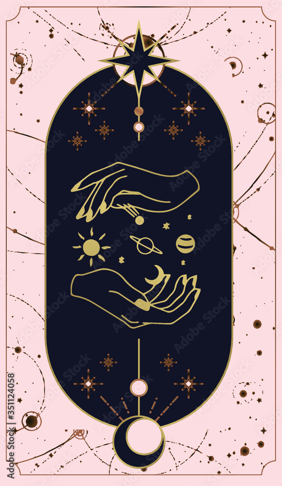 Cosmos tarot cards are created by the hands of God. Hands are set in a  simple