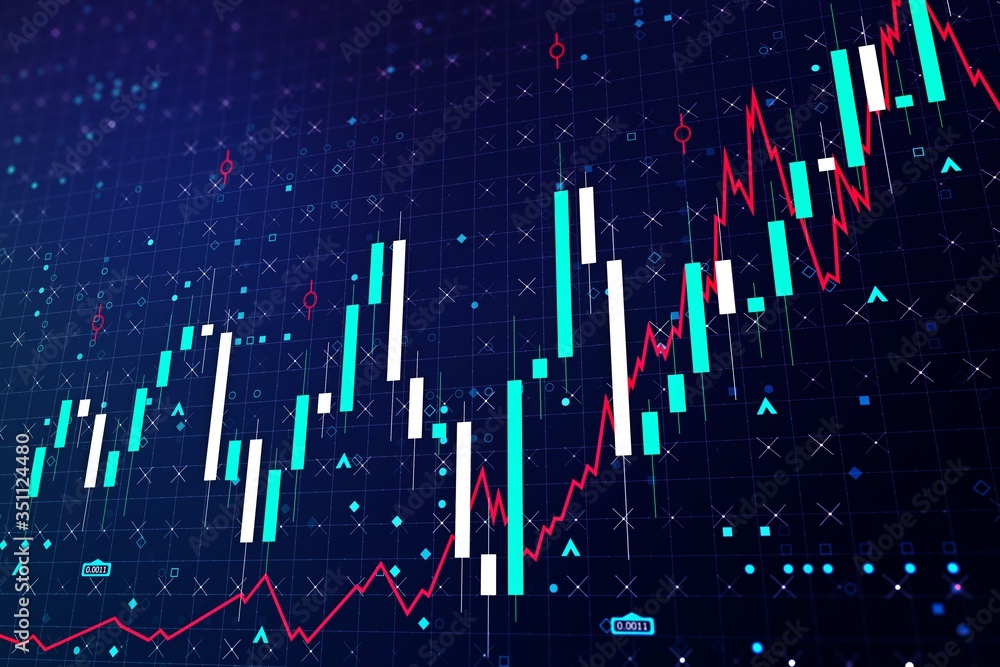 Obraz premium Abstract growing financial chart with candlesticks on a blue background. Forex and trading concept. 3D Rendering