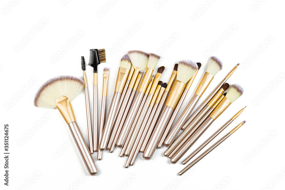 Cosmetic Makeup brushes on white background. Flat lay, top view, copy space. Makeup accessories, mockup, template Cosmetic Makeup brushes on white background. Flat lay, top view, copy space. Makeup accessories, mockup, template