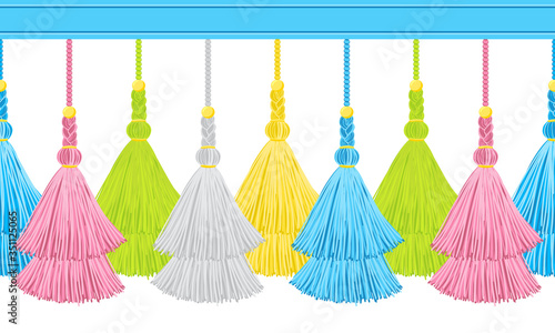 Seamless border pattern, abstract vector elements for design. Horizontal tassels from yarn or tread with beads and braid on cords, flat macrame style. Punchy pastel colors – blue, pink, green, yellow