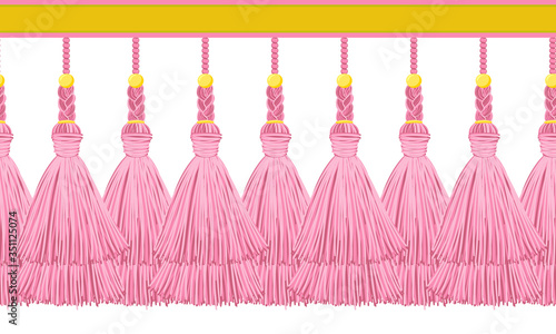Seamless border pattern, abstract vector elements for design. Horizontal tassels from yarn or tread with beads and braid on cords, flat macrame style. Powdery pink colors with gold beads and ribbons