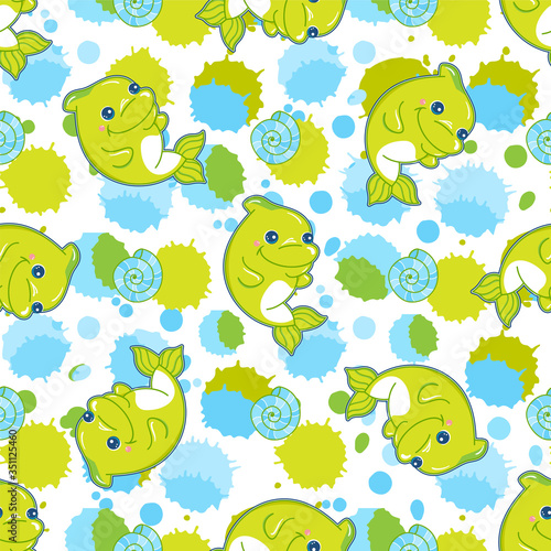 Cute vector seamless pattern in kids cartoon style. Kawaii magic green baby dolphin with seashell and water bubbles. For kids room, textile, children’s design. Background, fabric ornament, paper print