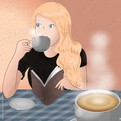 woman drinking coffee and reading book