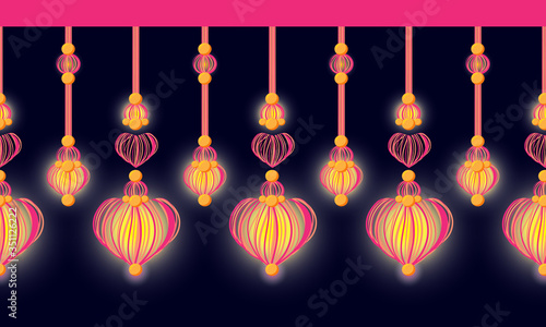 Vector seamless border pattern. Heart yarn tassels with cute pink, rose glow. Garland from lantern, string of lights. Horizontal divider for Valentine’s day, wedding celebrating decor, greeting cards