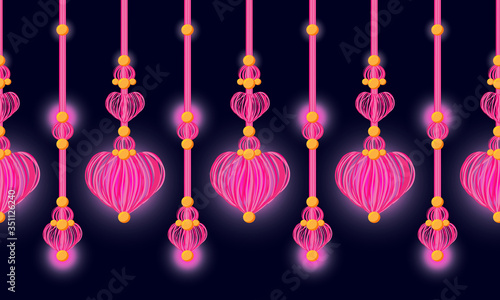 Vector seamless border pattern. Heart yarn tassels with cute pink, rose glow. Garland from lantern, string of lights. Horizontal divider for Valentine’s day, wedding celebrating decor, greeting cards