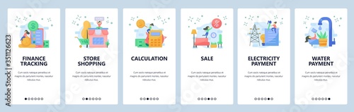 Finance tracking website and mobile app onboarding screens vector template