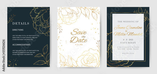 Gold flower blue background wedding invitation template with golden rose peony flowers.