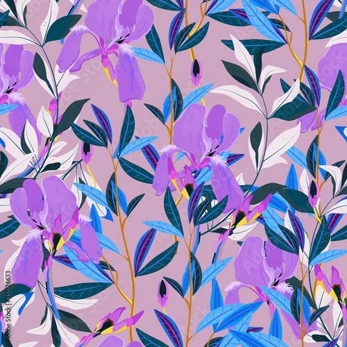 Seamless vector floral pattern. Arrangement lilac iris flowers by delicately green leaves on a white background. Hand-drawn illustration. Square repeating pattern for fabric and wallpaper