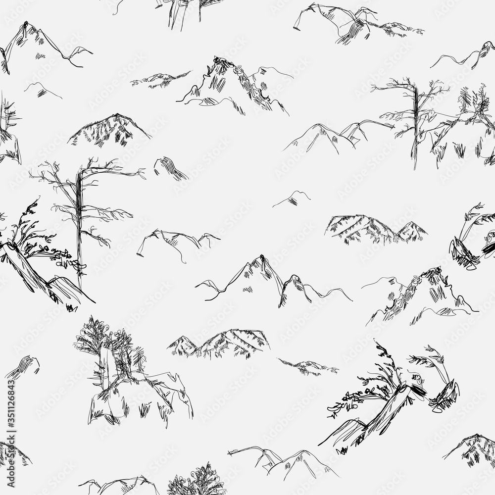 Fototapeta premium Ink mountain landscape on a white background. Seamless vector pattern. Square repeating design in Japanese, oriental painting style