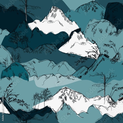 Ink mountain landscape on a white background. Seamless vector pattern. Square repeating design in Japanese, oriental painting style