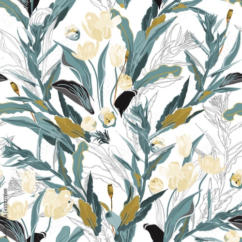 Inflorescences of yellow tulip flowers in dense green thickets of leaves and twigs of grass on a white background. Hand-drawn seamless vector pattern. Square repeating design for fabric and wallpaper