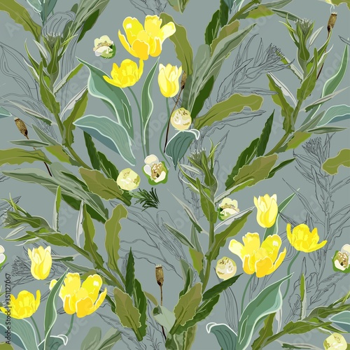 Inflorescences of yellow tulip flowers in dense green thickets of leaves and twigs of grass on a white background. Hand-drawn seamless vector pattern. Square repeating design for fabric and wallpaper
