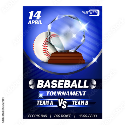 Baseball Regional Sportive Award Poster Vector. Round Baseball Playing Ball With Red Thread Stitching And Award For Win Team. Strategic Game Event Announcement Color Concept Template Illustration