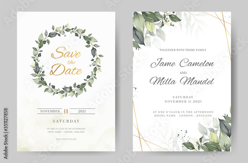 Green leave watercolor background invitation template. Gold frame. Greeting card.