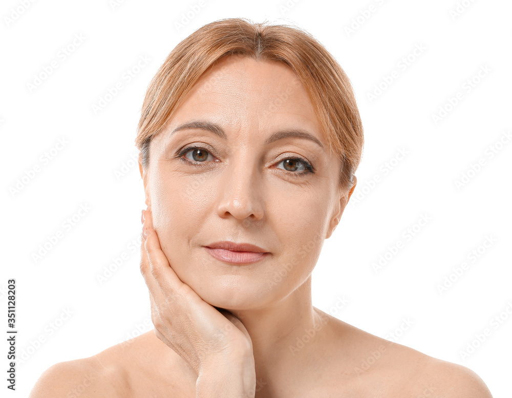 Mature woman on white background. Plastic surgery concept Mature woman on white background. Plastic surgery concept