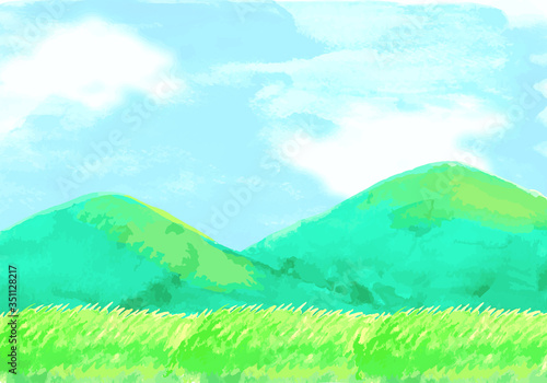 水彩の山と草原の風景イラスト