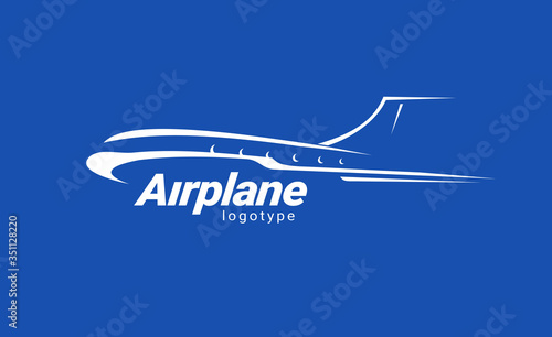 Airplane logo flight plane silhouette white color blue background