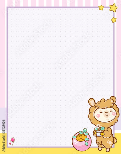 Vector printing paper note with dotted sheet (bullet journal style) for notebook, diary, letters, planners, notes. Kawaii anime Llama on yellow-pink background, stars, agaric and plants, A4 size