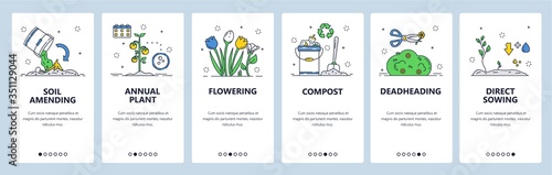 Gardening website and mobile app onboarding screens vector template