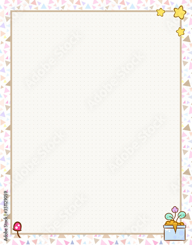 Vector printing paper note with dotted sheet (bullet journal style) for notebook, diary, letters, planners, notes. Kawaii flower pot on geometric triangles background, stars, mushroom, A4 size