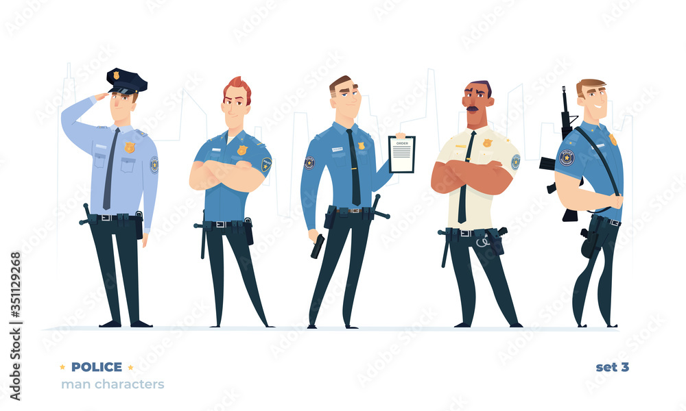 Police officers set. Young cheerful police men set. Police character collection.
