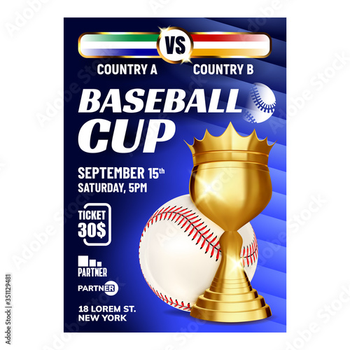 Baseball Champion World Series Cup Banner Vector. Baseball Ball And Golden Award Trophy For Winner Team Championship. Promotion Flyer On Exciting Spectacle For Spectators Concept Layout Illustration