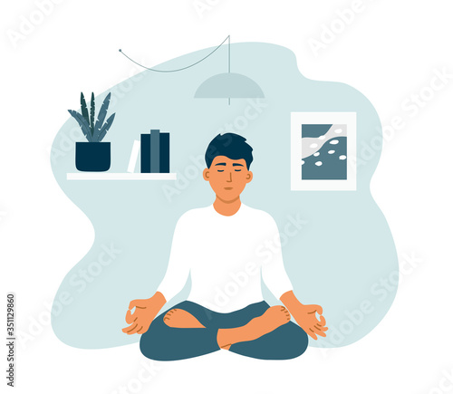 Young man with closed eyes staying home, enjoying meditation. Boy practicing yoga, mindfulness, breath control. Guy in crossed legs pose relax sitting on floor. Healthy lifestyle vector illustration.