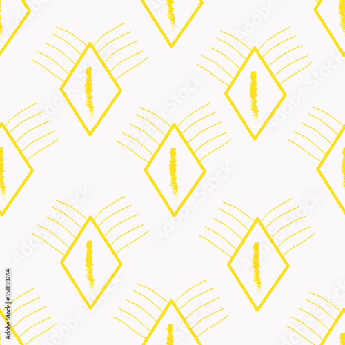 Vector seamless pattern with yellow rombues decorated with stripes on upper sides and a line in the middle.