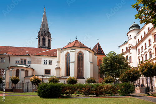 View of the Franciscan church of the Annunciation and monastery (13th century) in Bratislava, Slovakia