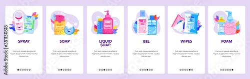 Hand sanitizer website and mobile app onboarding screens vector template