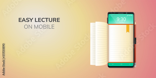 Education05Digital Online Education Application learning on front top phone, mobile website background. social distance concept. decor by book lecture pencil eraser mobile. 3D vector Illustration - co