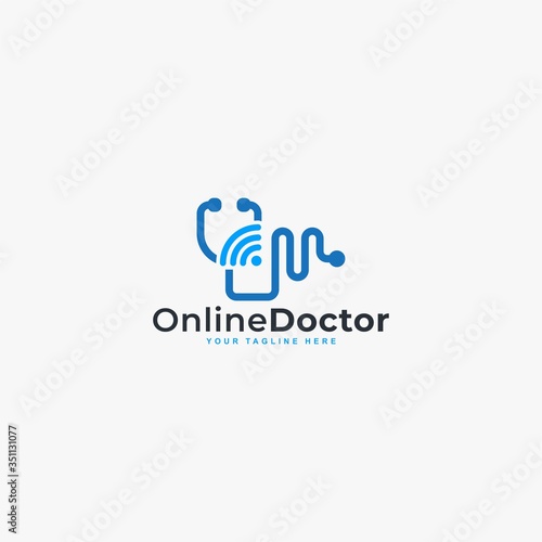Doctor online virtual services logo design vector. Consultation to doctors via digital remote illustration symbol. Telemedicine service vector logo. Stethoscope and signal vector icons.