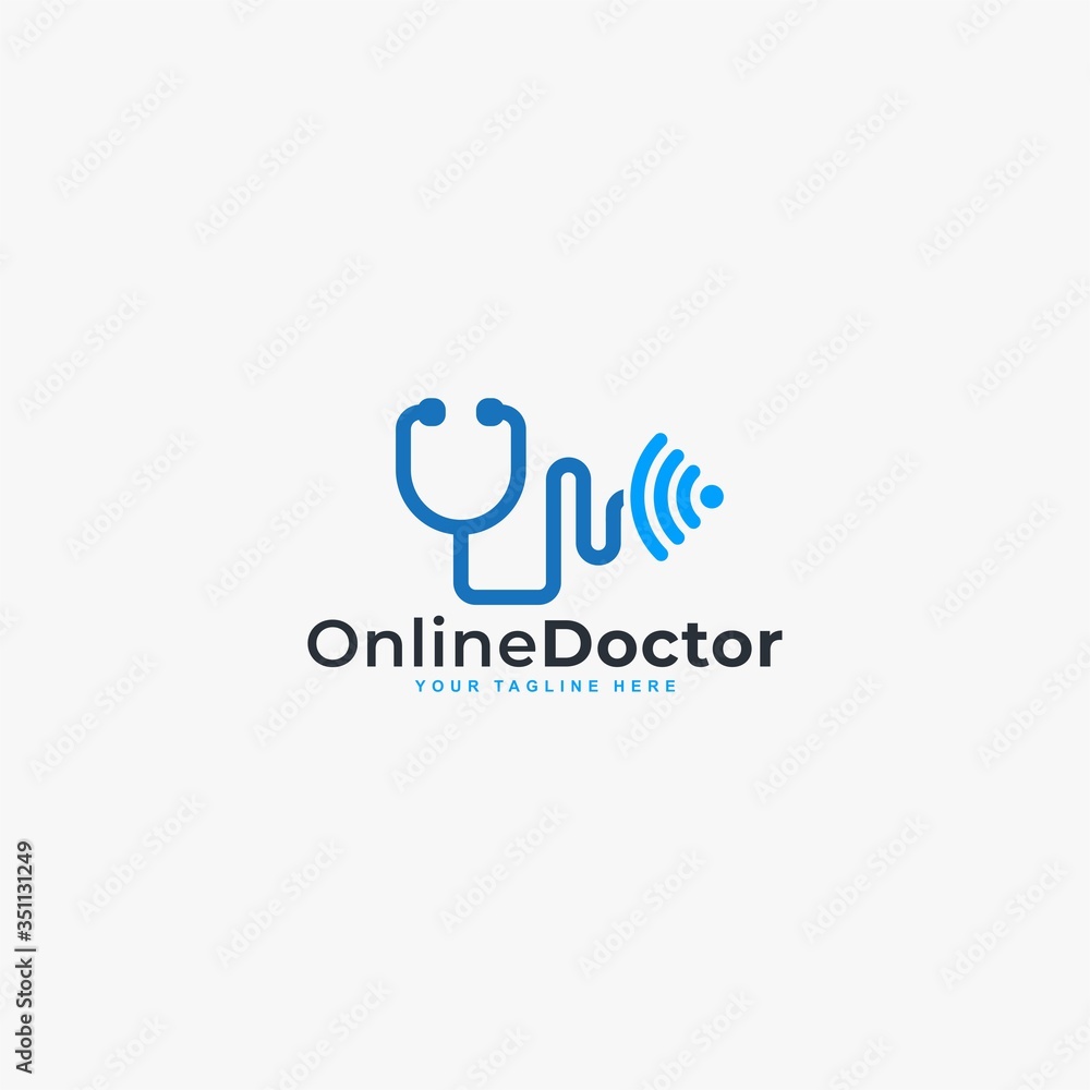 Doctor online virtual services logo design vector. Consultation to doctors via digital remote illustration symbol. Telemedicine service vector logo. Stethoscope and signal vector icons.